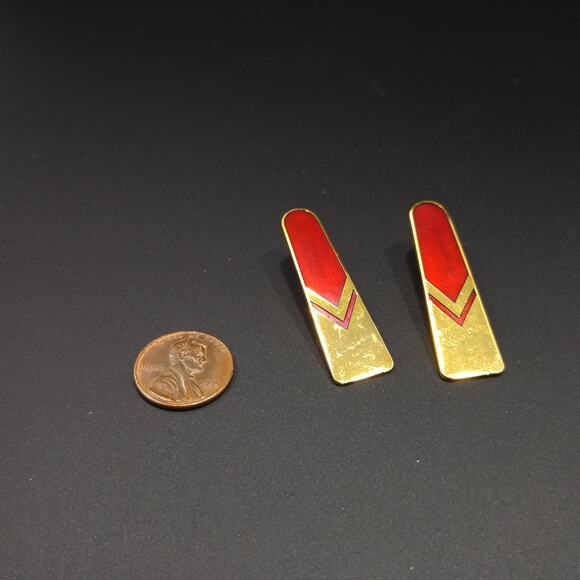 Vintage Laurel Burch Gold Red Chevron Post Earrings, 1980s, Gold Plated - Picture 9 of 10